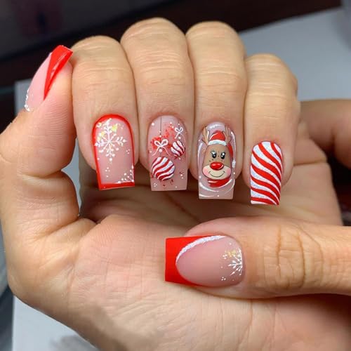 Cartoon Elks Full Covers Stick On Nails Stripes Artificial Nails Snowflake False Nails Christmas Press On Nails For Women von LLHCF