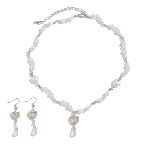 LLHCF Stilvolle Halskette mit Erdbeer-/Herz-Anhänger, Ohrringe, Kunstperlen, Schmuckzubehör für den täglichen Gebrauch von LLHCF