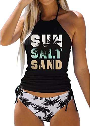 Damen Live Simple Coconut Tree Halfter Tankini Set Verstellbare Träger Strand Badeanzug Bikini Set, Schwarz-4, S von LLHXRUI