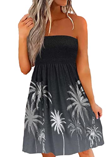 LLHXRUI Coconut Tree Gradient gesmoktes trägerloses Bandeau-Minikleid für Frauen Strand Sommerkleid Sommer Urlaub Tube Top Kleid, Schwarz, Groß von LLHXRUI