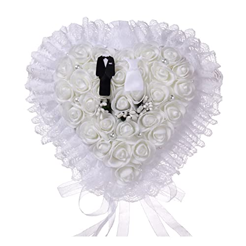LLINthy Hochzeit Braut Und Bräutigam Perlenringträger Kissen Weiß Rose Spitze Rand Ringbox Herz Form Kissenhalter Spitzenrand Ringbox Hochzeit von LLINthy