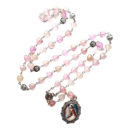 LLINthy Rose Und Herz Perlen Glas Anhänger Rosenkranz Halskette Mit Glas Anhänger Gebet Gläubige Für Partys Vintage Herzperlen Halskette von LLINthy