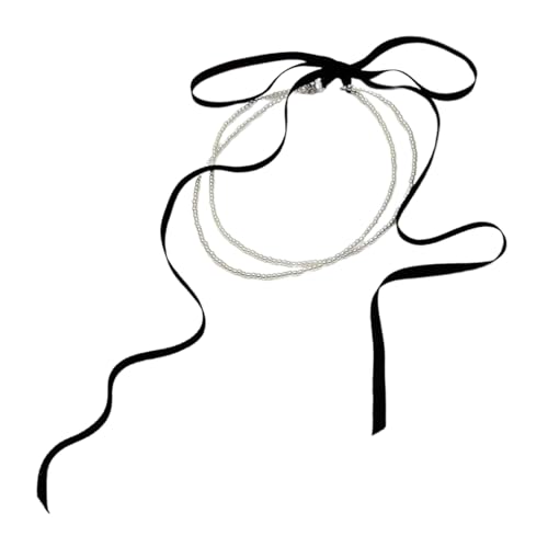 LLINthy Stilvolle Perlen Halskette Doppelschicht Halskette Ribbon Bowknot Halskette Halshalsschmuck Einzigartige Halskette Für Tägliche Partyverstellbare Halskette von LLINthy