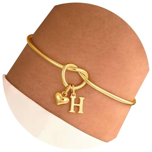 LLINthy Verstellbarer Herzknoten Edelstahlarmband 14K Gold Plattiert Open Breanger Brief Charme Schmuck Geschenk Für Frauen Edelstahl Freundin von LLINthy