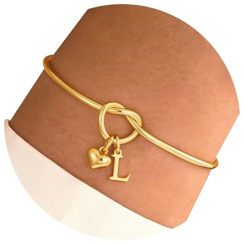LLINthy Verstellbarer Herzknoten Edelstahlarmband 14K Gold Plattiert Open Breanger Brief Charme Schmuck Geschenk Für Frauen Edelstahl Freundin von LLINthy