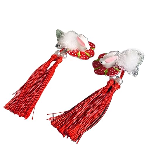 Vintage Bestickte Erdbeerhaarklammern Retro Pelziger Haarclip Mit Langem Quasten Kaninchen Haarnadel Foto Stütze von LLINthy