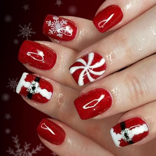 Weihnachten Rote Presse Auf Nägeln 24PCS Snowflake Glitters Design Holiday Party Nägel Kunst Für Festliche Anlässe Für Frauen Weihnachten Gefälschter Nagel Mit Glitzern Und Schneeflockendesign von LLINthy