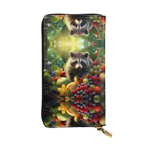 LLKGOT Damen-Geldbörse mit Waschbär auf Fruchtmuster, Leder, lange Handtasche, großes Fassungsvermögen, Kreditkarten-Reißverschlusstasche von LLKGOT