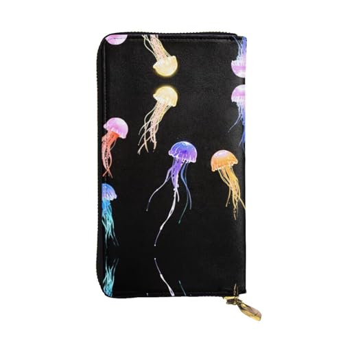 LLKGOT Damen-Geldbörse mit schwimmendem Quallenmuster, Leder, lange Handtasche, großes Fassungsvermögen, Kreditkarten-Reißverschlusstasche von LLKGOT