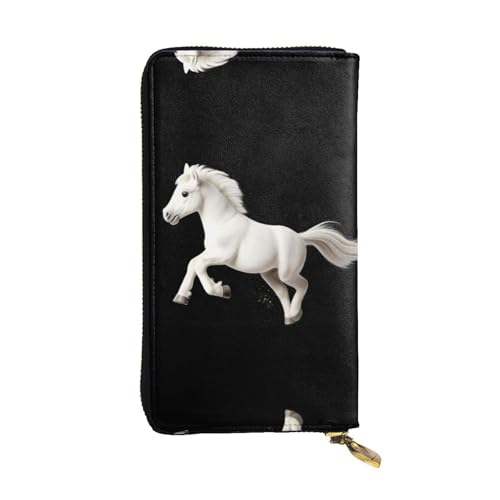 LLKGOT Die galoppierende weiße Pferdemuster Damen-Geldbörse aus Leder mit großem Fassungsvermögen und Reißverschluss von LLKGOT