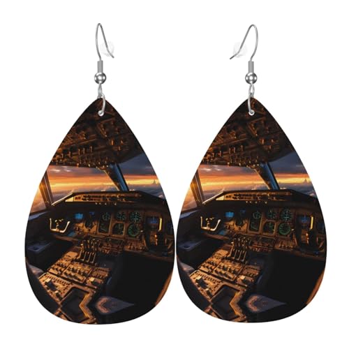 LLKGOT Flugzeug-Cockpit-Bild, Wassertropfen-Anhänger, Ohrringe und Leder-Ohrringe, geeignet als Urlaubsgeschenk für Frauen von LLKGOT