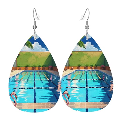 LLKGOT Ohrringe mit Flamingo- und Schwimmbadbild, Wassertropfen-Anhänger und Leder-Ohrringe, geeignet als Urlaubsgeschenk für Frauen von LLKGOT