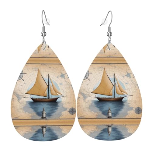 LLKGOT Ohrringe mit Segelboot-Karte, Wassertropfen-Anhänger und Leder-Ohrringe, geeignet als Urlaubsgeschenk für Frauen von LLKGOT