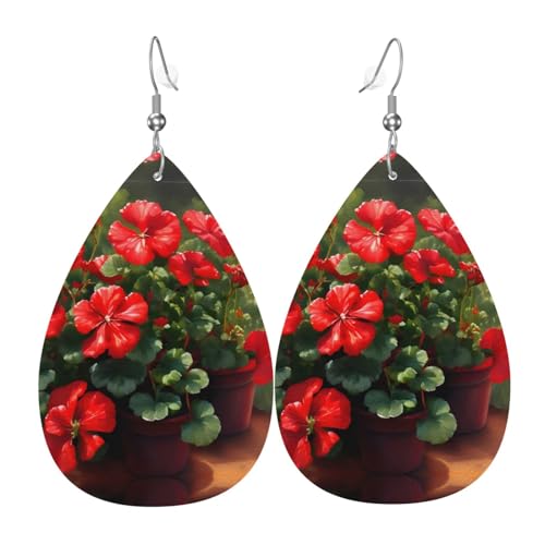 LLKGOT Rote Geranien Bild Wassertropfen Anhänger Ohrringe und Leder Ohrringe, geeignet als Feiertagsgeschenk für Frauen von LLKGOT