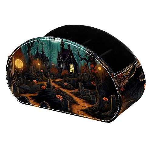 LLNSUPPLY Halloween Friedhofsschloss Bäume Stehendes Federmäppchen, niedlicher halbrunder Stifthalter, Make-up-Kosmetiktasche für Schule, Studenten, Büro, Damen, Teenager, Mädchen, Jungen von LLNSUPPLY