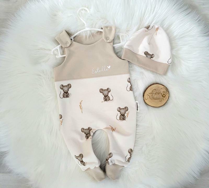Babyset Maus, Babystrampler Mit Mütze Beige, Personalisiert von LLNaehdesign