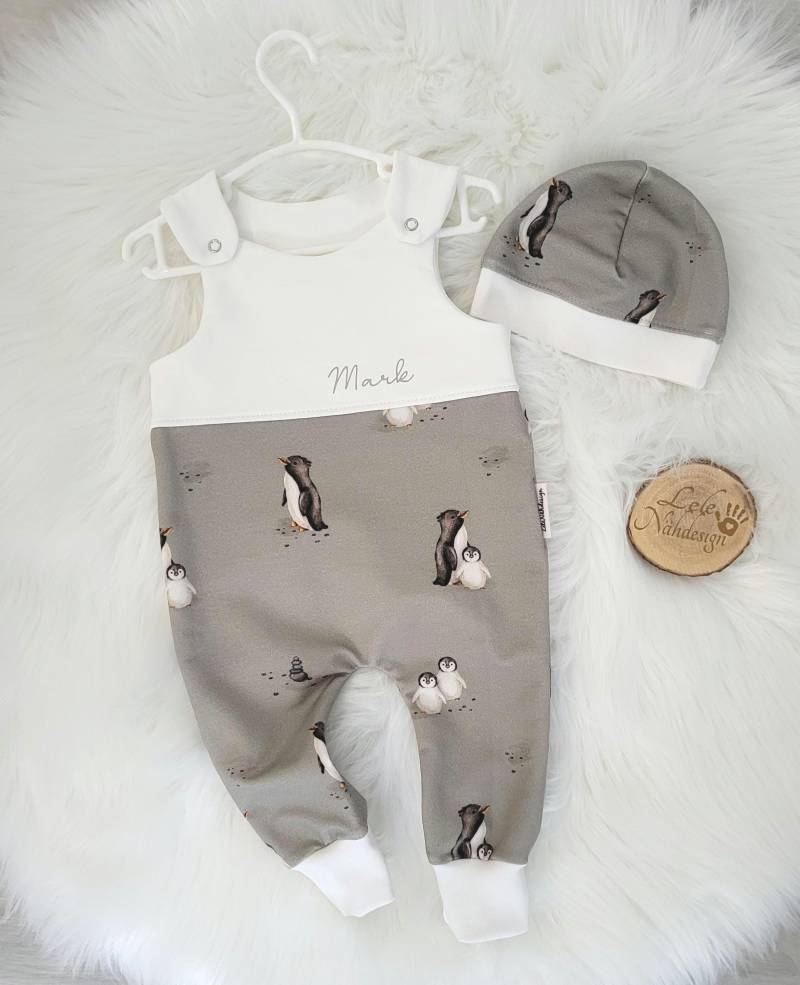 Babyset Pinguin, Personalisiert , Strampler Und Mütze Grau/Weiß von LLNaehdesign