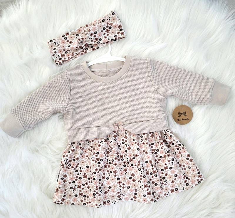 Mädchenkleid Girly Sweater Blumenmuster, Beige Mit Stirnband von LLNaehdesign