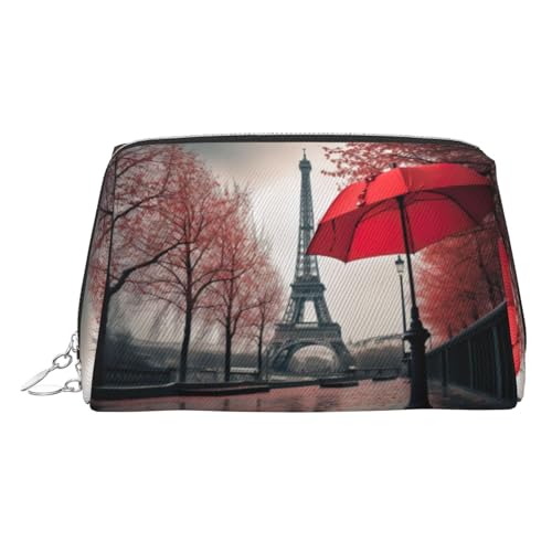 Goldene Make-up-Tasche aus Leder, Eiffelturm mit rotem Regenschirm, Reise-Kosmetik-Organizer mit Griff und Reißverschluss, perfekt für den täglichen Gebrauch, silber, Einheitsgröße von LLOTPQ