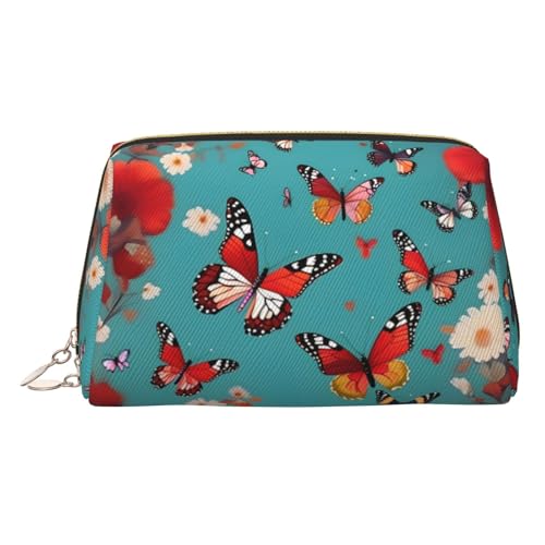 Goldene Make-up-Tasche aus Leder – Henne fliegende Schmetterlinge unter Blumen Druck Reise-Kosmetik-Organizer mit Griff und Reißverschluss – perfekt für den täglichen Gebrauch, gold, Einheitsgröße von LLOTPQ