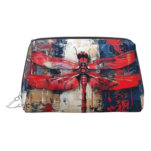 Goldene Make-up-Tasche aus Leder – abstrakter roter Libellen-Druck, Reise-Kosmetik-Organizer mit Griff und Reißverschluss, perfekt für den täglichen Gebrauch, silber, Einheitsgröße von LLOTPQ