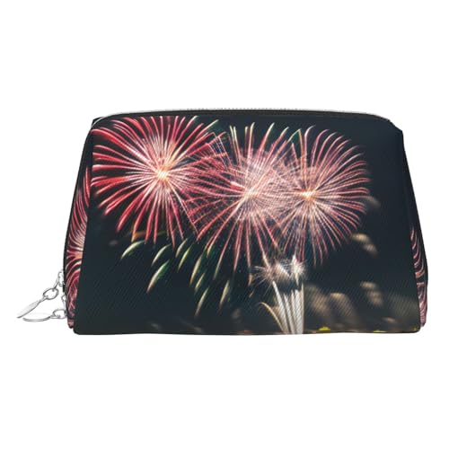 Goldfarbene Make-up-Tasche aus Leder – Feuerwerk-Muster, Reise-Kosmetik-Organizer mit Griff und Reißverschluss, perfekt für den täglichen Gebrauch, silber, Einheitsgröße von LLOTPQ
