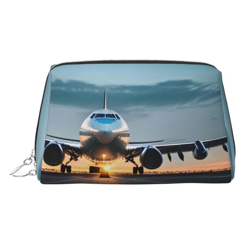 Goldfarbene Make-up-Tasche aus Leder – Flugzeug im Abendlicht, Reise-Kosmetik-Organizer mit Griff und Reißverschluss, perfekt für den täglichen Gebrauch, silber, Einheitsgröße von LLOTPQ