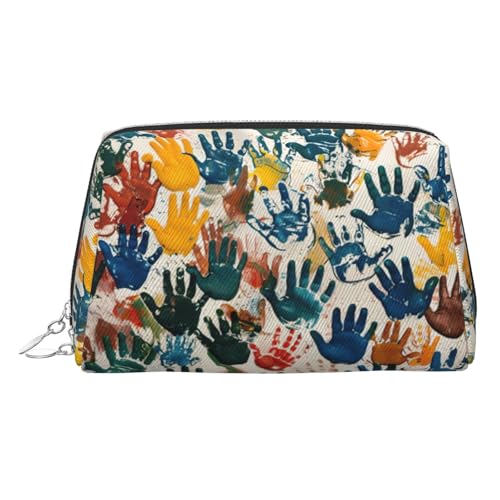 Goldfarbene Make-up-Tasche aus Leder – Kinder-Kosmetik-Organizer mit Handabdruck, Reise-Kosmetik-Organizer mit Griff und Reißverschluss, perfekt für den täglichen Gebrauch, silber, Einheitsgröße von LLOTPQ