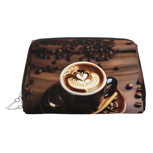 Goldfarbene Make-up-Tasche aus Leder – köstlicher Herz-Kaffee-Print Reise-Kosmetik-Organizer mit Griff und Reißverschluss – perfekt für den täglichen Gebrauch, silber, Einheitsgröße von LLOTPQ