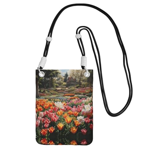 LLOTPQ Schwarze Handy-Tasche – Umhängetasche mit Tulpengarten-Druck, Universalgurt, ideal zum Pendeln, Einkaufen, Schwarz , Einheitsgröße von LLOTPQ