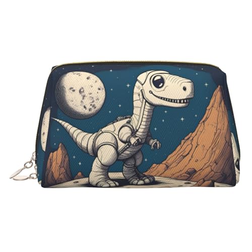 Make-up-Tasche aus Leder, Motiv: lustiger Astronauten-Dinosaurier-Rocke-Druck, Reise-Kosmetik-Organizer mit Griff und Reißverschluss, perfekt für den täglichen Gebrauch, gold, Einheitsgröße von LLOTPQ