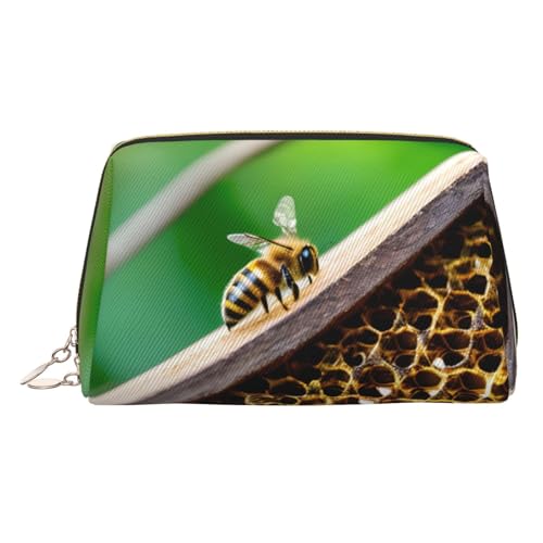 Make-up-Tasche aus Leder, goldfarben, Honigbienen-Druck, Reise-Kosmetik-Organizer mit Griff und Reißverschluss, perfekt für den täglichen Gebrauch, gold, Einheitsgröße Make-up-Tasche aus Leder, goldfarben, Honigbienen-Druck, Reise-Kosmetik-Organizer mit Griff und Reißverschluss, perfekt für den täglichen Gebrauch, gold, Einheitsgröße von LLOTPQ