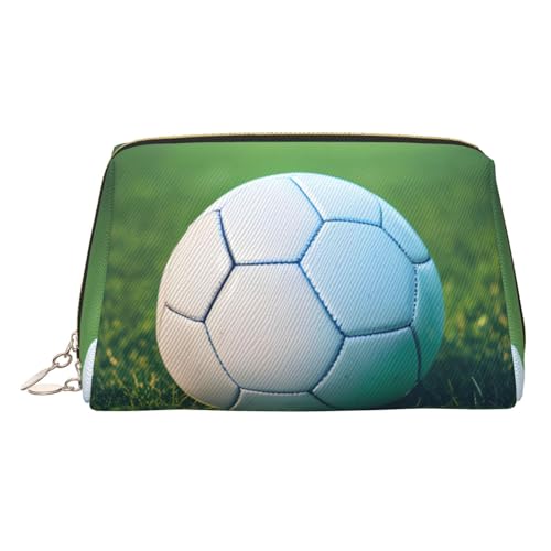 Make-up-Tasche aus Leder, goldfarben, Motiv: Fußball auf Gras-Druck, Reise-Kosmetik-Organizer mit Griff und Reißverschluss, perfekt für den täglichen Gebrauch, gold, Einheitsgröße Make-up-Tasche aus Leder, goldfarben, Motiv: Fußball auf Gras-Druck, Reise-Kosmetik-Organizer mit Griff und Reißverschluss, perfekt für den täglichen Gebrauch, gold, Einheitsgröße von LLOTPQ