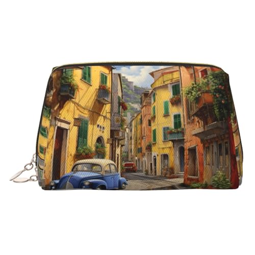 Make-up-Tasche aus Leder, goldfarben, italienischer Straßendruck, Reise-Kosmetik-Organizer mit Griff und Reißverschluss, perfekt für den täglichen Gebrauch, gold, Einheitsgröße Make-up-Tasche aus Leder, goldfarben, italienischer Straßendruck, Reise-Kosmetik-Organizer mit Griff und Reißverschluss, perfekt für den täglichen Gebrauch, gold, Einheitsgröße von LLOTPQ