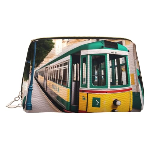 Make-up-Tasche aus Leder, goldfarben, mit Lissabon-Straßenbahnmuster, Reise-Kosmetik-Organizer mit Griff und Reißverschluss, perfekt für den täglichen Gebrauch, gold, Einheitsgröße Make-up-Tasche aus Leder, goldfarben, mit Lissabon-Straßenbahnmuster, Reise-Kosmetik-Organizer mit Griff und Reißverschluss, perfekt für den täglichen Gebrauch, gold, Einheitsgröße von LLOTPQ