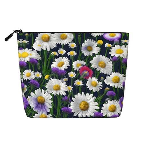 Make-up-Tasche aus künstlichem Hanf, Motiv: Goldene Graslandschaften, Reise-Kulturbeutel für Frauen, tägliche Aufbewahrung, Geschäftsreisen und mehr, Wildblumen und Kornblumen, Gänseblümchen von LLOTPQ