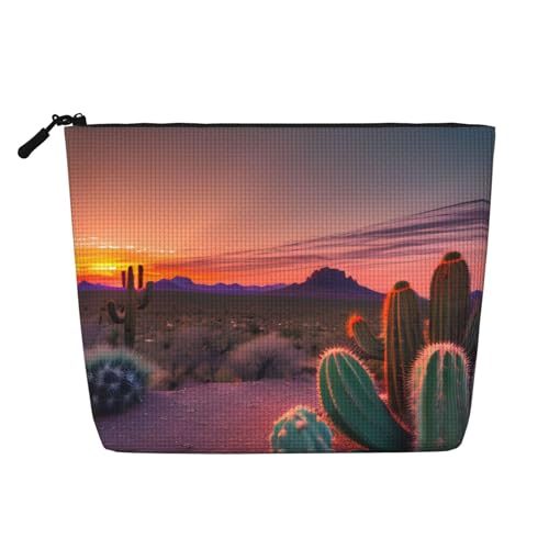 Make-up-Tasche aus künstlichem Hanf mit coolem Musik-Wellen-Druck, Reise-Kulturbeutel für Frauen, tägliche Aufbewahrung, Geschäftsreisen und mehr, Kaktus Desert Sunset, Einheitsgröße von LLOTPQ