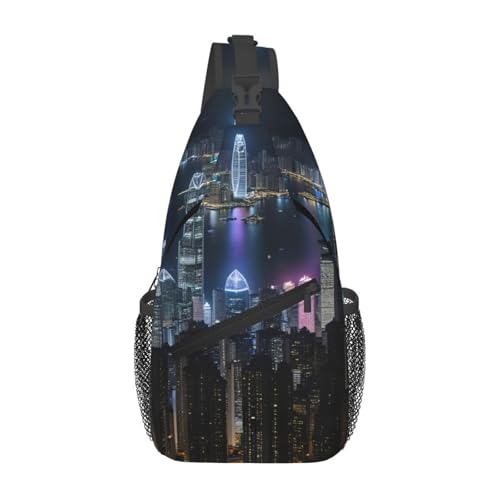 Unisex Animal Pattern Print Cross Chest Bag - Lightweight Travel Sling Rucksack, Perfect for Hiking, and Everyday Use, Aerial Night of View Hong Kong2, Einheitsgröße von LLOTPQ