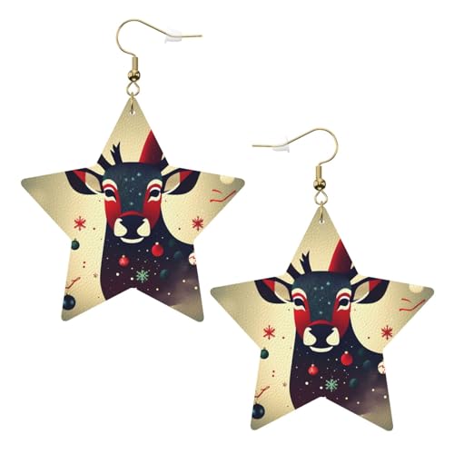Weiße trendige Leder-Stern-Ohrringe für Frauen – leichter Weihnachts-Hirsch-Bild-Druck, baumelnder Schmuck, Partygeschenke und Dekorationen, Einheitsgröße, Leder von LLOTPQ