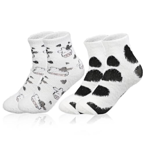 LLOUSSAK 2 Paar Kuschelsocken Damen,Flauschige Haushaltssocken,Winter Flauschsocken,Warme Schlafsockenv,Personalisierte Wintersocken für Frauen und Mädchen,Lustige Kuh Socken von LLOUSSAK