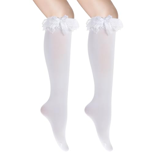 LLOUSSAK 2 Paar Lolita Socken,Weiß Mädchen Süße Spitze Kniestrümpfe mit Rüschen,Socken mit Bogen,Weiß Spitze Kniestrümpfe,für Mädchen,Lolita Dress,Party Röcke,Alltägliches von LLOUSSAK