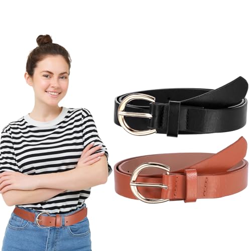 LLOUSSAK 2 Stück Leder Kindergürtel Mädchen,Bequeme Schmale Gürtel Kinder,Verstellbarer Leder Kindergürtel Mädchen,Elastische Gürtel mit U-förmiger Schnalle,für Jeans Kleid (Schwarz,Camel,83cm) von LLOUSSAK
