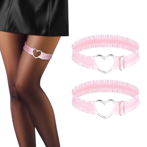 LLOUSSAK 2 Stück Spitze Herzförmige Oberschenkel Strumpfband, Verstellbare Polyester Heart Garters, Pink Color Strumpfbänder für Damen, Partys, Feste von LLOUSSAK