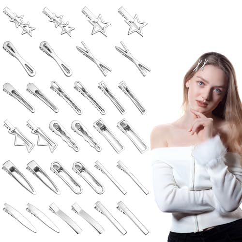 Y2K-Haarspangen-Set, silberfarben, 32-teiliges Set mit Sternen, Haarspangen für Mädchen, Krokodilklemmen für Haarstyling von LLOUSSAK