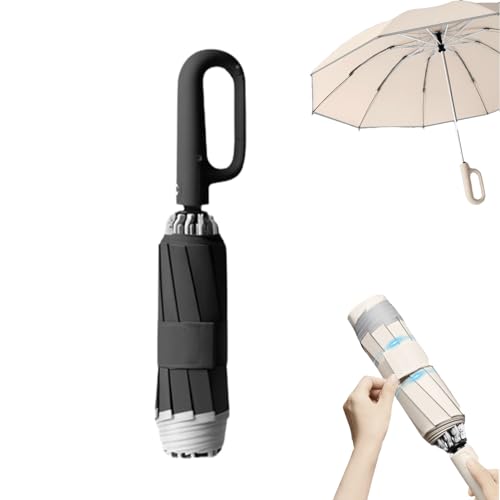 Regenschirm Mit Ringschnalle, Reflektierender Sicherheitsstreifen, Umgekehrter Automatischer Regenschirm, Tragbarer Faltschirm, Tragbarer Kleiner Regenschirm Für Reisen, Mini (Black) von LLPCCVGR