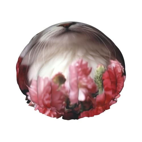 Duschhaube mit Katze in Blumen, doppellagig, wasserdicht, wiederverwendbar, elastisch, für Damen und Herren von LLaviD