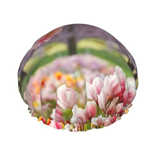 Duschhaube mit Kirschblüten und Tulpen, doppellagig, wasserdicht, wiederverwendbar, elastisch, für Damen und Herren von LLaviD