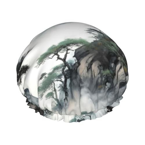 Duschhaube mit chinesischer Landschaftsmalerei, doppellagig, wasserdicht, wiederverwendbar, elastisch, für Damen und Herren von LLaviD