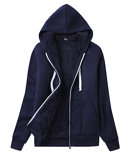 LLdress Sweatjacke Damen Fleecejacke mit Kapuze Hoodie Frau Basic Kapuzenjacke mit Reißverschluss Winterjacke Kapuzenpullover Causal Plüschjack Outdoor Jacket Fleecepullover Navyblau XL von LLdress