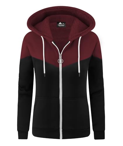 LLdress Fleecejacke Damen Sweatjacke mit Kapuze Hoodie für Frau Kapuzenjacke mit Reißverschluss Basic Kapuzenpullover Winterjack für Outdoor Causal Plüschjack Jacket Fleecepullover Rot Schwarz M von LLdress